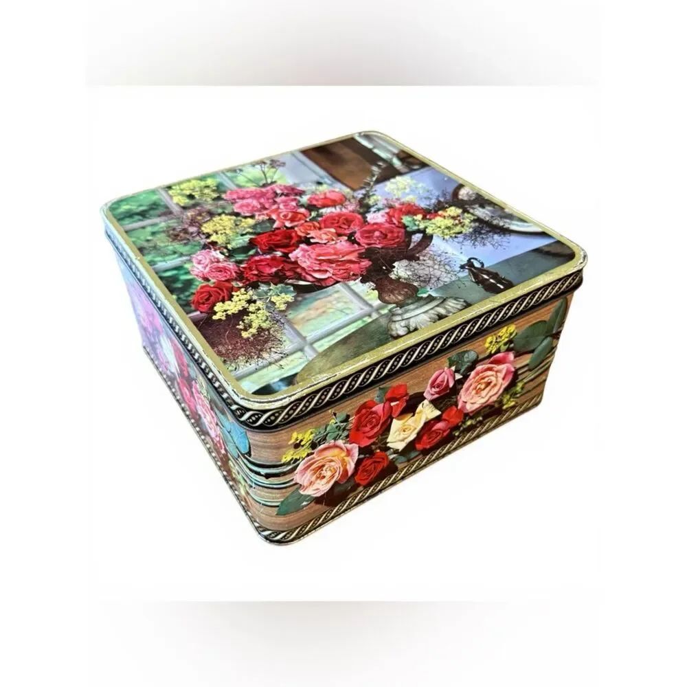 Vintage Peek Frean & Co London England Collectible Biscuit Tin Floral Red Gold